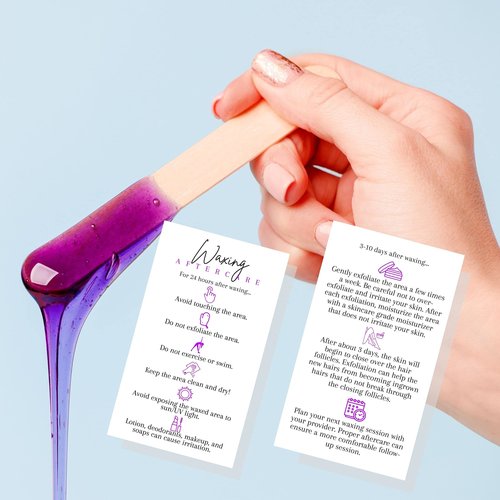 Boutique Marketing LLC Waxing Aftercare Cards | 50 Pack | Size 2 x 3.5” inches Business Card Size | Hair Removal Aftercare Kit | White with Purple Design