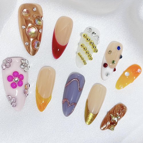 Press on Nails Handmade Almond Medium 3D Flower Design Reusable Fake Nail for Women's 10pcs (Candy Bubble, M)