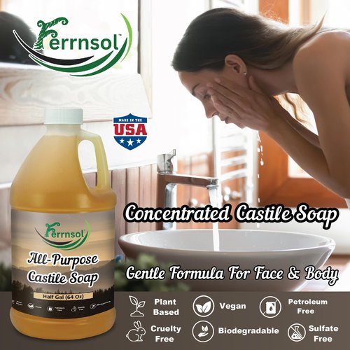 Ferrnsol AP Castile Liquid Soap (1/2-gallon) – Unscented, Fragrance-Free, Refill – Natural Multi-Purpose Soap for Home, Hands, and More – Gentle, Non-Toxic Formula – 64oz, Made in USA