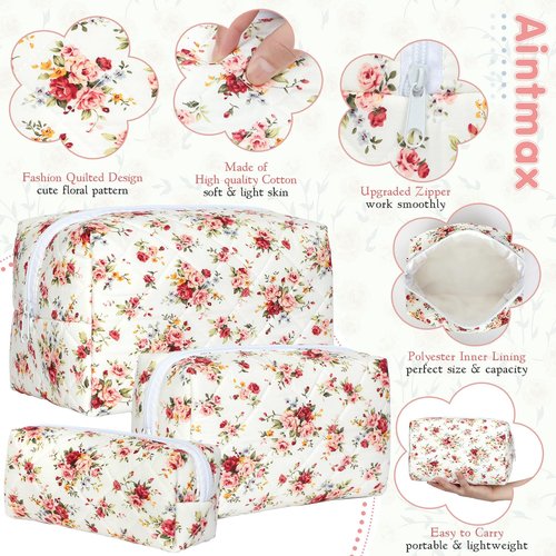 Aintmax 3 PCS Quilted Makeup Bag,Cute Floral Cotton Coquette Cosmetic Bag,Large Travel Toiletry Bag Makeup Brushes Storage Organizer for Women-Red Rose