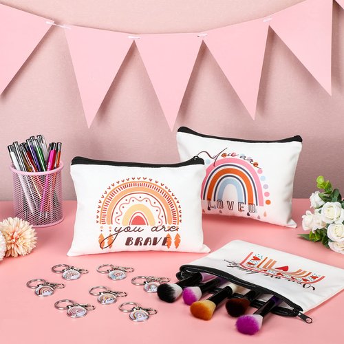 Chunful 36 Pcs Rainbow Canvas Makeup Bags Inspirational Gifts Bulk Keychains and Pastel Pens Motivational Cosmetic Bag for Women Appreciation Gifts Birthday Party Favors