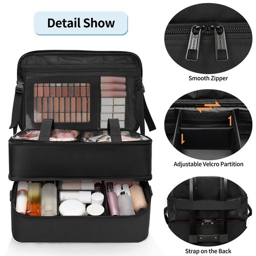 Extra Large Makeup Case, Professional Makeup Artist Traveling Bag, Double Layer Lightweight XL Makeup Travel Case Organizer for Artist Hairstylist Crafters with 2 Detachable Pouch & Shoulder Strap