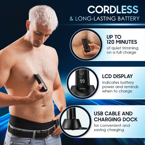 COCOSY Body Hair Trimmer for Men - Ball Trimmer, Ceramic Blade, Waterproof Electric Groin Hair Trimmer with Standing Recharge Dock & Travel Pouch, Male Hygiene Razor