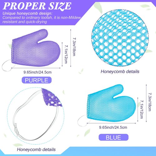Karenhi 2 Pcs Honeycomb Exfoliating Glove Bath Mitt Body Spa Scrubber, Honeycomb Exfoliator Glove for Body Shower, Scrubber Sponge Shower Loofah, Quick Drying(Blue,purple)