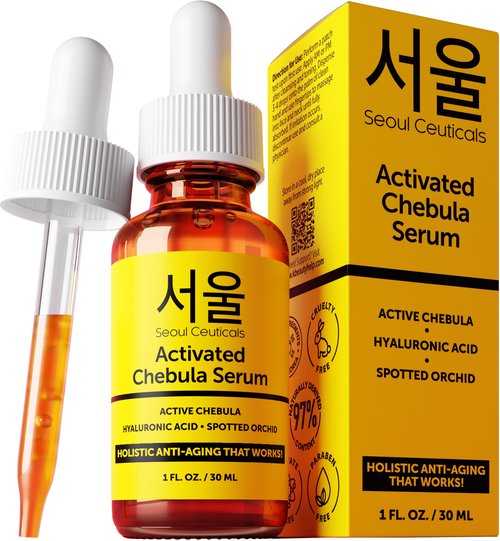 SeoulCeuticals Chebula Active Serum for Face - Korean Skin Care Anti Aging Natural K Beauty Skincare With Hyaluronic Acid + Spotted Orchid for Healthy, Youthful Glowing Skin 1oz