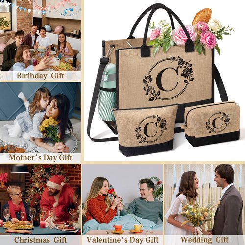 Personalized Gifts for Women, Initial Jute Tote Bag Beach Bag Makeup Bag, Monogrammed Birthday Gifts Tote Bag for Mom Women Her
