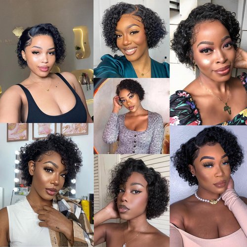 IMANI Short Curly Pixie Cut Wig Human Hair 5X5 Closure Glueless Wigs Human Hair Pre Plucked Pre Cut 8 Inch Brazilian Real Hair Pixie Wigs for Black Women Natural Color