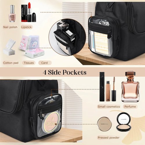 Adazzo Professional Makeup Bag with Brush Holder, Large Makeup Case with with Shoulder Strap & 4 Clear Set Bags, Travel Cosmetic Storage Organizer Box with 2 Side Pockets & Dividers for Makeup Artists