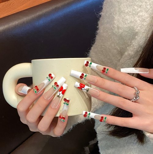 MNAFAYY 100% Handmade Nails Cherry Extra Long 3D Gems French Press On Nails White Full Cover Luxury Gorgeous Reusable UV Finished Fake False Nails Acrylic Nail Kit With Box Gifts Women Mother's Day M