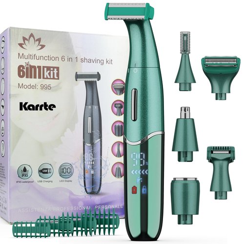 Karrte 6-in-1 Electric Razor for Women's Pubic Hair, Painless Body Shaver and Facial Epilator, Hair Removal for Face, Bikini Trimmer for Women's Private Area Green
