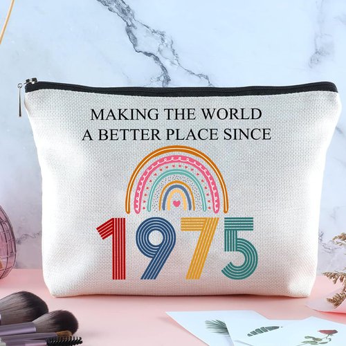 TOBYOVU 50th Birthday Gifts For Her, Women – Gifts for 50th Birthday – Mothers Day Bags For Woman – 50th Bday Decorations For Sister, Female, Friends – 1975 Canvas Makeup Bag – Turning 50th Gift