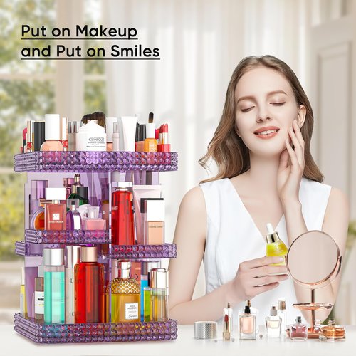 Famitree Makeup Perfume Organizer - 360 Rotating Acrylic Cosmetic Storage Make Up Organizer with Lazy Susan for Vanity & Dresser Countertop (Purple)