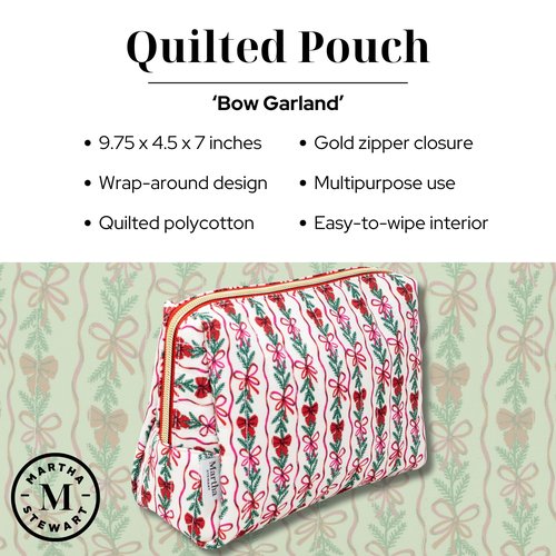 Martha Stewart Festive Quilted Makeup Bag, Compact Cosmetic Organizer for Women, Small Zipper Pouch with PVC Lining, 8.75" x 4" x 6" (Holiday Bow Stripe)