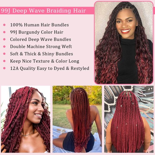 Habiliana Curly Burgundy Human Braiding Hair 2 Bundles Total 100g 16 Inch 99J Burgundy Bulk Bundles Braiding Brazilian Virgin Curly Human Hair Extensions for Boho Braids