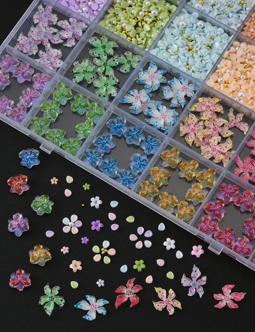 OPMADM 3000 Pcs 3D Flower Nail Charms and Gems 24 Grid Charms for Nails Design Colorful Nail Art Charms 4 Styles of Big and Small Flowers are Suitable for Spring and Summer