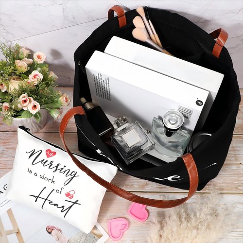 Queekay 2 Pcs Emergency Nurses Week Gifts Tote Bag Canvas Shoulder Makeup Cosmetic Bag Canvas Zipper Pouches for Vet Tech Medical Assistant