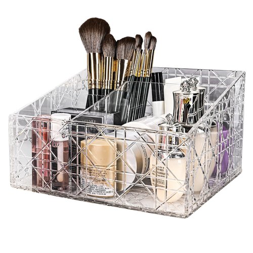 HuixinAcrli Acrylic Makeup Organizer, Clear Cosmetic Brush Storage Box With 4 Brush Holders,Large-capacity Split Design Can Quickly Organize the Desktop Skincare, Hair Tools, Brushes,Perfume