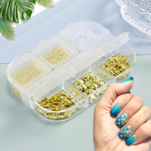 FSpronail Summer Nail Charms Nail Pearls Beach Seashell Starfish Gold Nail Charms Sea Shell Nail Gems 3D Caviar Beads Star Fish Nail Art Ocean Theme Designs Manicure Decoration Supplies