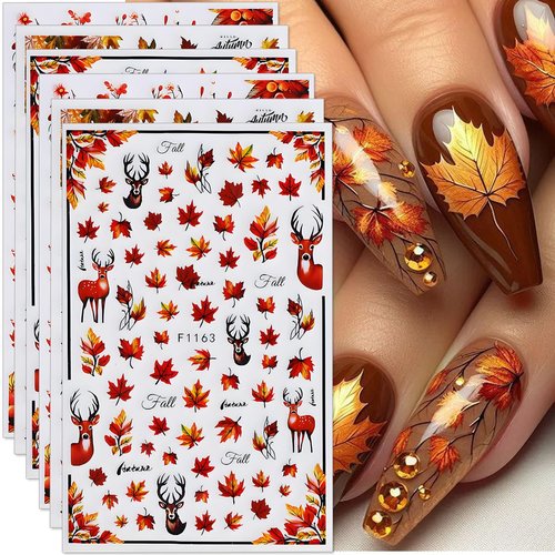 Fall Nail Art Stickers Decals 3D Autumn Maple Leaf Nail Stickers Self-Adhesive Nail Art Supplies 6PCS Autumn Leaves Deer Fall Nails Design Manicure Sliders for Women Thanksgiving Day Nail Decorations