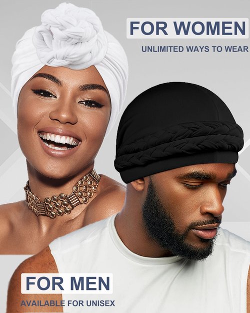 Babalet Halo Turban for Men Women Satin Lined Durag Skull Cap Pre-Tied Handmade Braids Tail Beanie Sleeping Bonnet,Black
