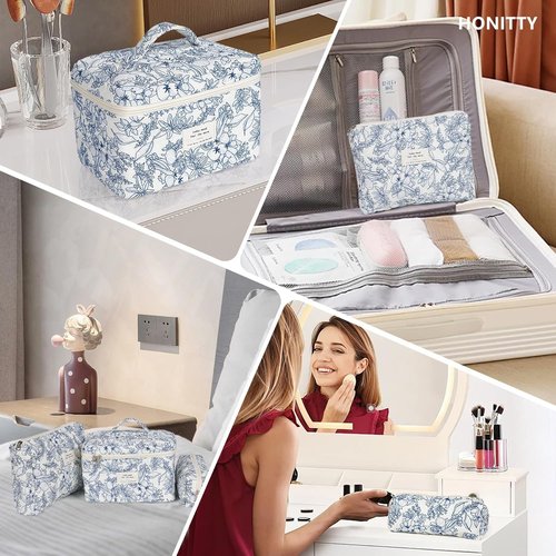 Quilted Makeup Bag Set 3 Pcs Cotton Cute Makeup Bags For Women Large Aesthetic Floral Cosmetic Bag Coquette Flower Makeup Pouch