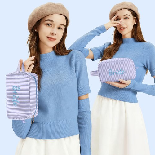 Etercycle Bride Makeup Bag, Blue Striped Cosmetic Bag Embroidery Bridal Shower Gifts, Large Travel Make Up Bags with Inside Pockets Toiletry Bag for Women Wedding Engagement Bachelorette Party
