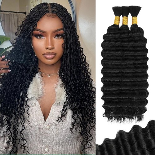Human Braiding Hair for Boho Braids 120g 3 Bundles Deep Wave Curly Bulk Human Hair for Braiding Knotless Bohemian Natural Color (1B, 22 Inch)