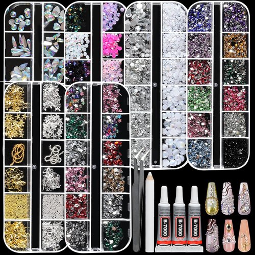 Nail Charms and Gems, Tucepu Nail Rhinestones Kit with 6 Boxes of Nail Gems, Colorful Clear Flatback Rhinestones 3D Charms for Nails， 3 Jewelry Glue