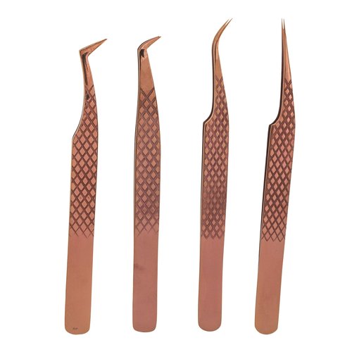 M LASH Eyelash Extension Tweezers (Set of 4) - Professional & Precision Lash Tweezers for Eyelash Extensions - Japanese Steel, Diamond Grip, Fiber Tip (Rose Gold)