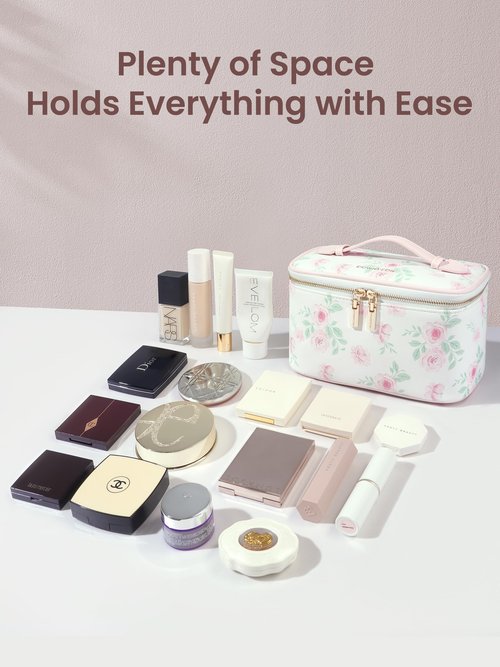 ROWNYEON Makeup Bag for Women,Large Capacity Floral Travel Cosmetic Bag, Makeup Organizer,Waterproof Leather Portable Toiletry Bag for Women, Travel Essentials Case