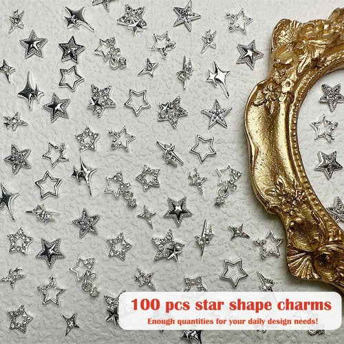 100pcs Star Charms for Nails Star Nail Charms Star Charms Y2K Nail Charms 3D Alloy Nail Stars Nail Rhinestones Nail Charms and Gems for Women and Girls Nail Design(13 Styles)