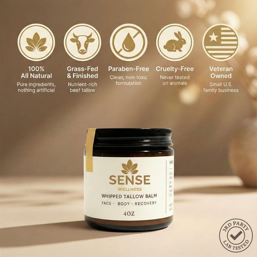 Sense Wellness Whipped Tallow Balm with Manuka Honey & Jojoba – Grass-Fed Beef Tallow for Face & Body – Non-Greasy Daily Moisturizer for Dry, Sensitive Skin – Unscented, Veteran Owned (4oz)