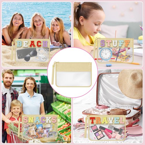 Morcheiong Nylon Clear Zipper Pouch with Wristlet Clear Travel Makeup Bag DIY Chenille Letter Bag Cosmetic Pouch Toiletry Bag for Women Girls (Beige)