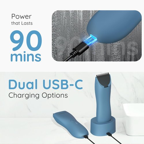 BAREWIZE Body Hair & Pubic Hair Trimmer for Men & Women, Painless Electric Body & Bikini Shaver | Waterproof, Type-C Rechargeable, LED Light, Replaceable Blade, Manscape Personal Groomer (Denim Blue)