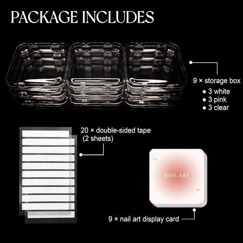 Qsnidy 9 Pcs Press On Nail Storage Box, Transparent Acrylic Fake Nail Case with 9 Display Cards and 2 Sheets of Double-Sided Adhesive Tape (20 Strips) for Nail Art Home Salon Packaging Use