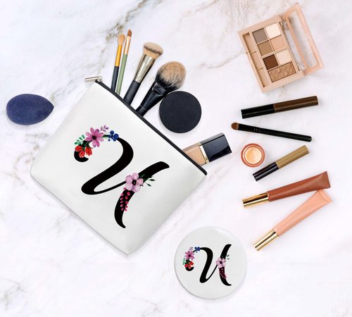Make Up Bags for Women, Personalized Letter U Makeup Bag with Mirror, Initial Canvas Bag Cosmetic Travel Bags Toiletry Pouch Gift for Girls, Wedding Birthday Gifts for Sister Mom Friends Female(U)