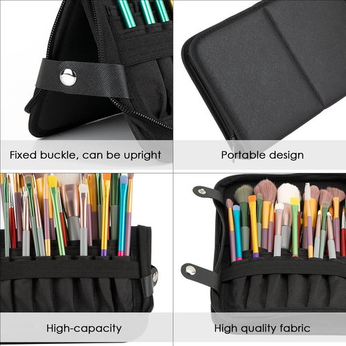 CAIRIAC Makeup Brush Organizer Bag Standing Makeup Brushes Holder Travel Case, Professional Portable Cosmetic Storage Bag Foldable Makeup Brush Wrap Case for Men Women Artist Gift (Black)