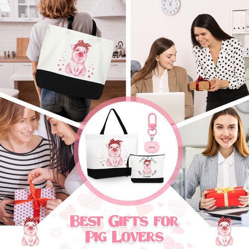 Dansydaisy 3 Pcs Pigs Lover Gift for Women Pink Pig Canvas Tote Bag Travel Cosmetic Bags Keychain Portable Makeup Zipper Pouch with Handle Funny Piggy Shopping Birthday Vbs Housekeepers Week Gift