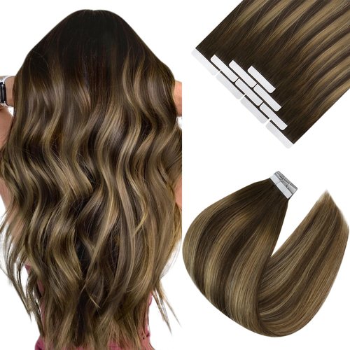 Ve Sunny Human Hair Extensions Tape in Chocolate Brown and Caramel Blonde Balayage Tape in Extensions 20inch Hair Extensions for Wedding 10Pcs 25G