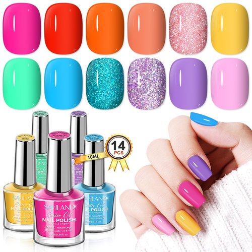 SAVILAND Quick Dry Nail Polish Set: 14 Pcs Neon Summer Nail Polish Fast Dry Hot Pink Red Glitter Nail Polish Regular Fingernail Polish Non Gel with Base-Top Polish for Manicure Nail Art