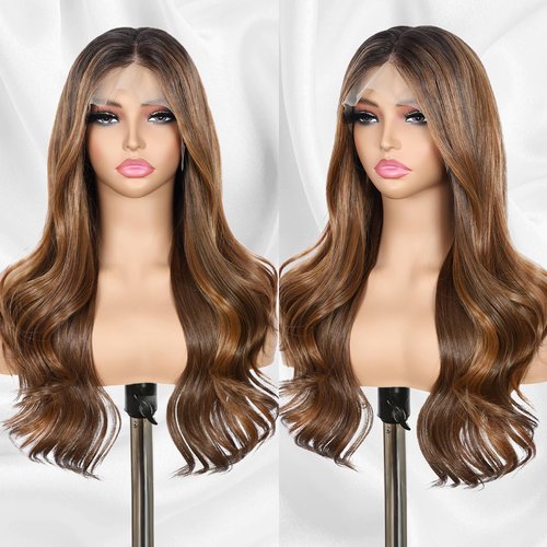 BABEHERS Honey Brown Lace Front Wig 13x4 Pre Plucked Body Wave Synthetic Lace Front Wig for Women Highlight Heat Resistant Hair 22 Inch Daily Use