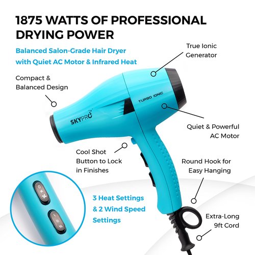 Turbo Ionic Blow Dryer with Attachments | Quiet & Powerful Professional Blow Dryer with Anti Frizz Technology | Tourmaline Hair Dryer with Infrared Heat |Short Barrel Travel Hair Dryer with Diffuser