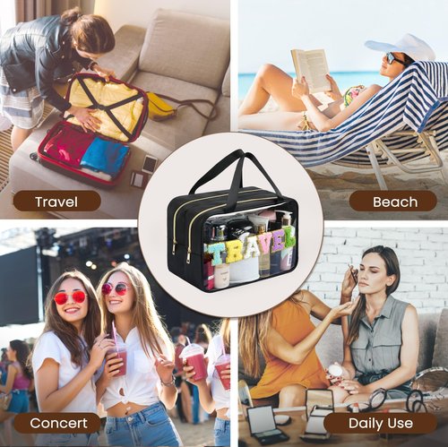 Yowivon Extra Large Travel Pouches for Toiletries, Waterproof Preppy Makeup Spf Sunscreen Skin Care Snack Bag, Clear Tote Bag for Beach, Camping, Business Trips, Swimming, Stadium Event, Black, XL
