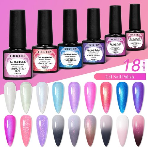 Four Lily 18 Colors Rubber Base Gel Set, Pearlescent Rubber Base Gel Polish for Nails Color Changing Builder Base Nail Gel Brocade 2-in-1 Soak Off Base Gel Nail Strengthener Gifts for Women