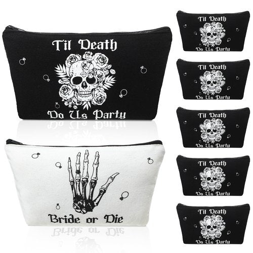 Silkfly 7 Pcs Bride or Die Bachelorette Party Makeup Bag Till Death Cosmetic Bags for Gothic Halloween Bridal Shower Supplies(White, Black)