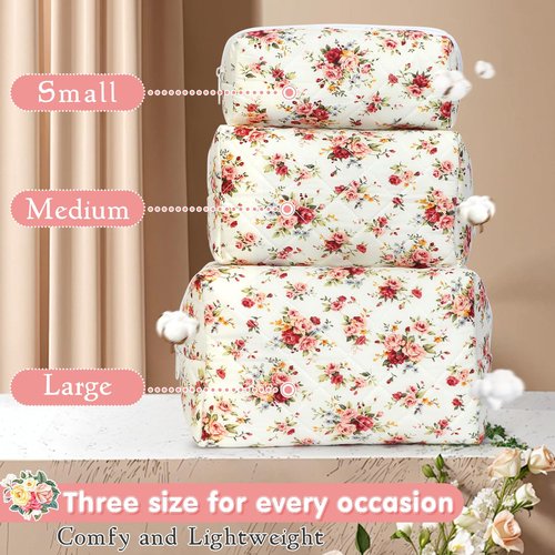 Aintmax 3 PCS Quilted Makeup Bag,Cute Floral Cotton Coquette Cosmetic Bag,Large Travel Toiletry Bag Makeup Brushes Storage Organizer for Women-Red Rose