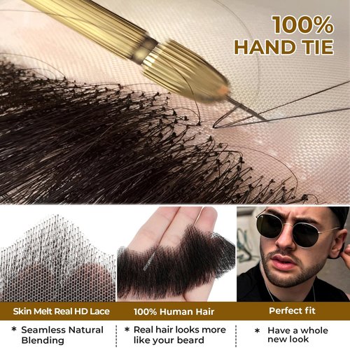 Wodelanle Fake Mustache Realistic Beard 100% Human Hair Full Hand Tied Facial Hair Black Goatee Fake Beards Lace Invisible Fake Mustache for Entertainment Party Drama Movie Makeup