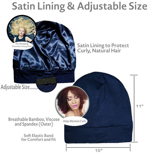 ALEXANDER PRODUCTS Satin Lined Sleep Cap Adjustable Bonnet Slouchy Beanie Slap Hat for Natural Curly Girls and Frizzy Hair Cap for Women Blue