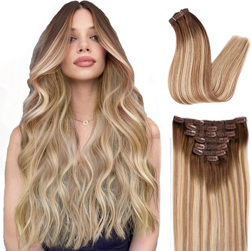 DIYOMO human hair clip in extensions Soft&Natural clip in hair extensions real human hair 120g 7pcs Straight&Invisible (14Inch #3822)