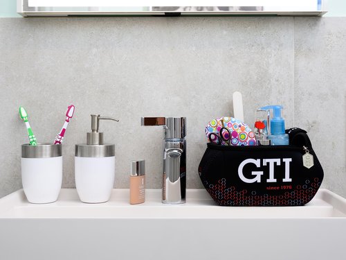 BRISA VW Collection - Volkswagen Neoprene Universal Makeup Cosmetics Toiletry Travel Pharmacy Bag in GTI Design (Hexagon/Black/Small)